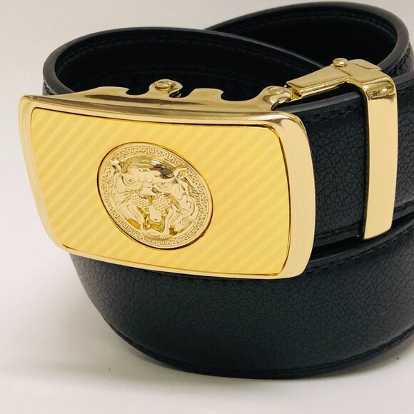 Black Leather Belt Automatic Buckle Slide No Hole Strep Ratchet Gold‎ Lion Head - Picture 2 of 3